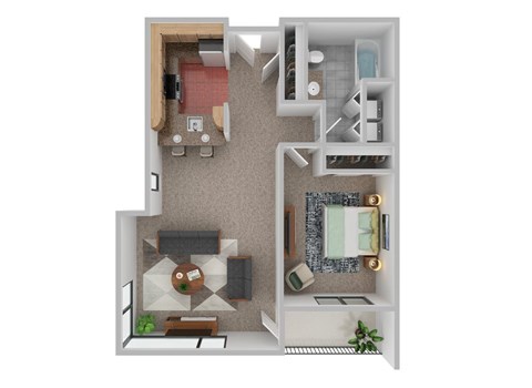 A top down view of a living room, kitchen, and bathroom.